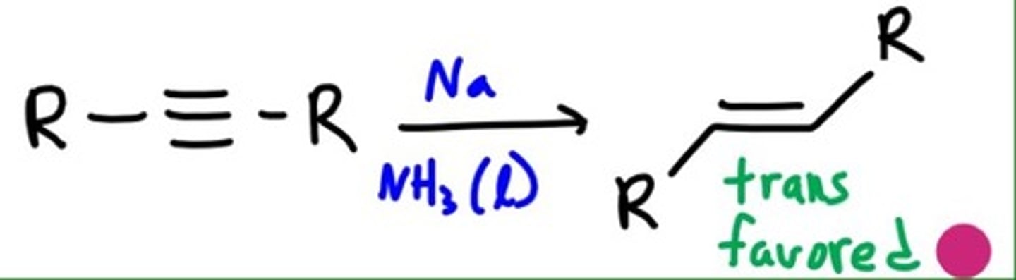 <p>converts an alkyne into a trans alkene, anti addition</p><p>Li, Na, or K plus NH3 at -78 degrees Celsius</p>