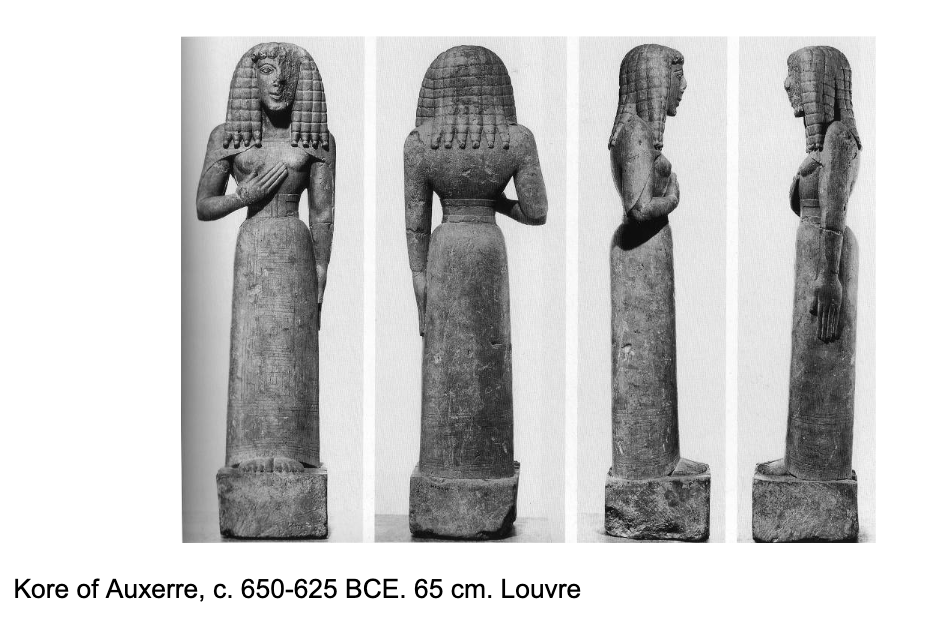 <p>The female counterpart to the kouros, depicting a young woman, often clothed and representing ideals of femininity and piety.</p>