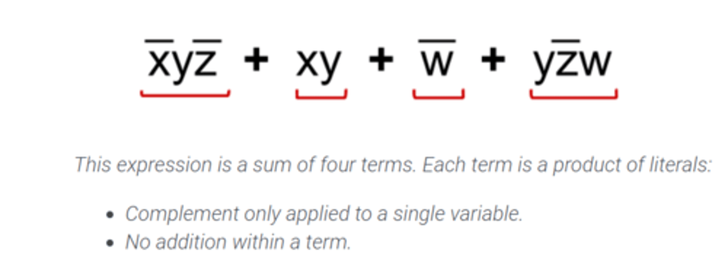 <p>A Boolean expression that is a sum of products of literals. c₁ + c₂ + .... + cm where each cⱼ for j ∈ {1, ..., m} is a product of literals.</p>