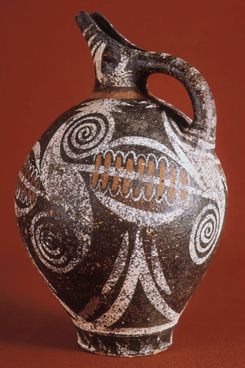 <p>- A distinctive Minoan pottery style from the Middle Bronze Age (c. 2000-1700 BCE)</p><p>- Named after Kamares Cave on Crete where it was first found</p><p>- Characterized by dark backgrounds with vivid white, red, and orange painted designs</p><p>- Some of the finest pottery from the ancient Aegean — thin-walled and expertly crafted</p><p>- Found across the eastern Mediterranean, indicating Minoan trade networks</p>