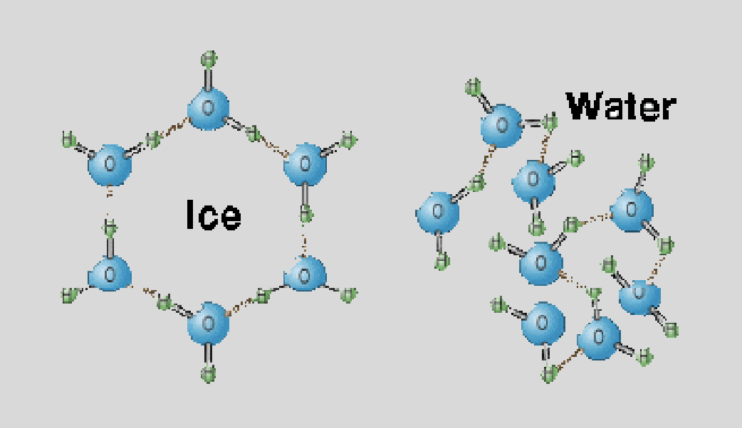 <ul><li><p>less dense than water - floats!</p></li><li><p>water expands as it freezes</p></li></ul>