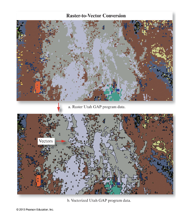 <p>Creating vector data from raster data. Combine areas with similar values into polygons or locate similar areas with lines. Its sensitive to raster resolution and information is lost. </p>