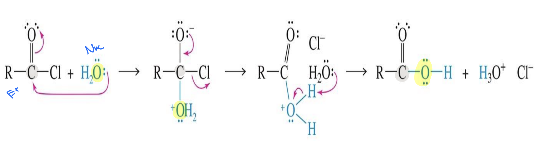<p>Starting </p><ul><li><p>Acid chloride or Anhydrides</p></li></ul><p>ReagentL </p><ul><li><p>Water (H<sub>2</sub>O) </p></li></ul><p>Mechanics </p><ul><li><p>water comes in attacks the carbon from acid chloride adding H- O -H</p></li><li><p>the Chloride (Cl) leaves </p></li><li><p>Another water comes in a removed a hydrogen from H-O-H</p></li></ul><p>End product </p><ul><li><p>carboxylic acid </p></li><li><p>H<sub>3</sub>O<sup>+</sup></p></li></ul><p>With Anhydrides → 2 carboxylic acid </p>