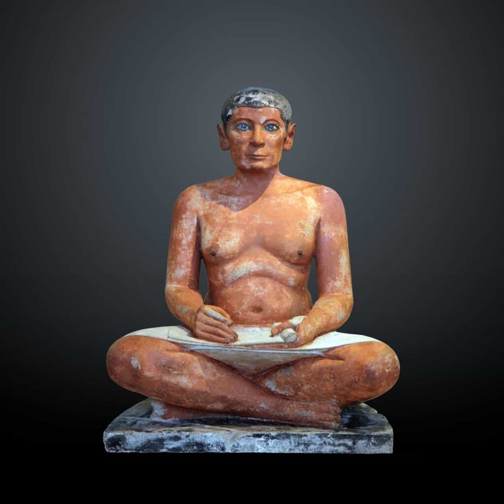 <p><strong>Seated Scribe</strong></p><p>Egyptian Old Kingdom</p><p>Saqqara, Egypt</p><p>2620-2500 BCE</p><p>Painted limestone</p>