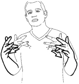 <p>Touch the chest with the middle finger of both hands and then move them both out at the same time</p>