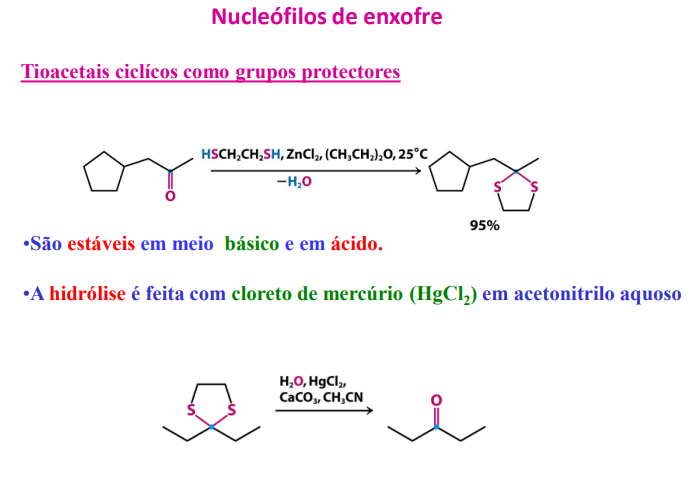 <p>tioacetais cíclicos como grupos protetores</p><ul><li><p>são estáveis em meio básico e em ácido</p></li><li><p>hidrólise é feita com cloreto de mercúrio</p></li></ul><p></p>