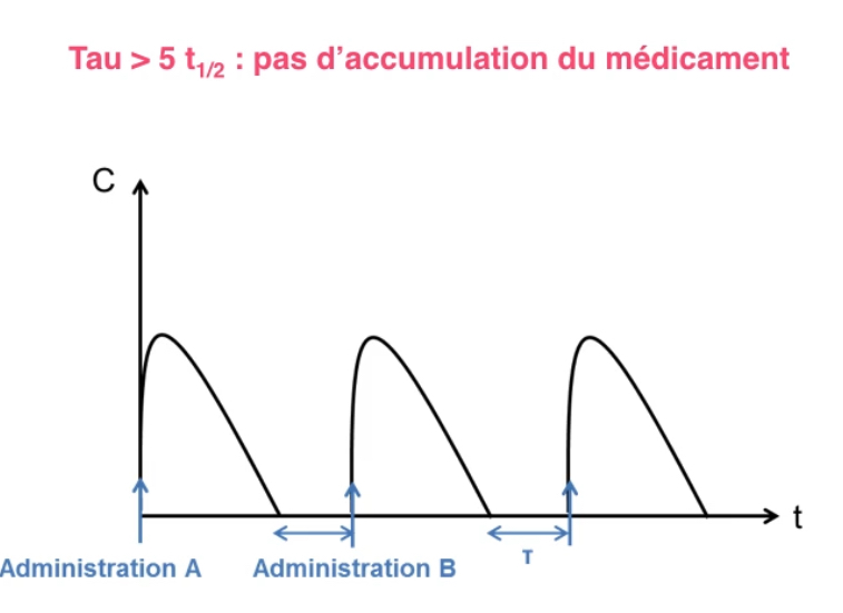 <p>Le mĂ©dicament est totalement Ă©liminĂ© avant la dose suivante et il nây a pas dâaccumulation (AprĂšs 5 demi-vies, on considĂšre le mĂ©dicament comme quasi totalement Ă©liminĂ© (>95 %))</p>
