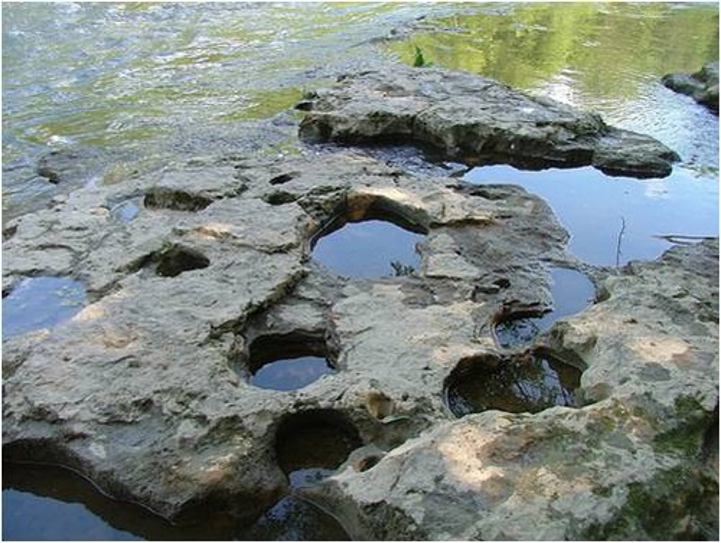 <p>Holes carved into rock at the base of river with a whirlpool action.</p>