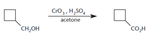 <p>chromium trioxide, CrO3, dilute sulfuric acid, H2SO4, in acetone; oxidizes primary alcohols to carboxylic acids and secondary alcohols to ketones</p>