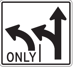 At the intersection ahead, traffic in the left lane must turn left and traffic in the adjoining lane may turn left or continue straight ahead. 