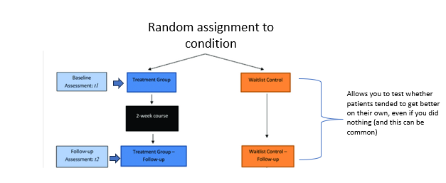 <p><span>•<u>Key component: waitlist control</u></span></p><p><span>&nbsp; &nbsp; &nbsp; &nbsp; •Patients matched on a variety of variables (e.g. demographic factors, severity&nbsp; &nbsp; &nbsp; &nbsp; &nbsp; of psychological problem)</span></p><p></p>
