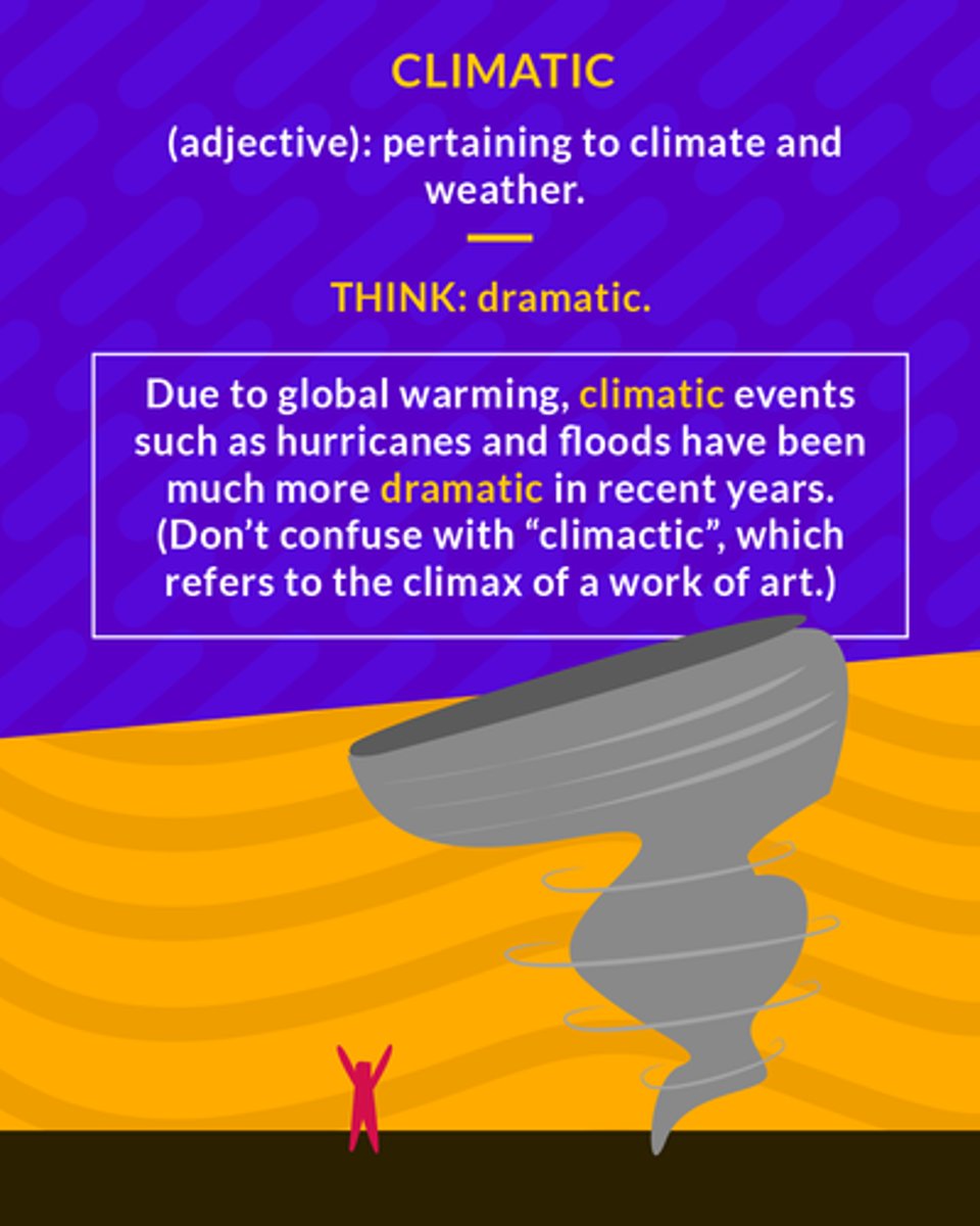 <p>having to do with the climate</p>