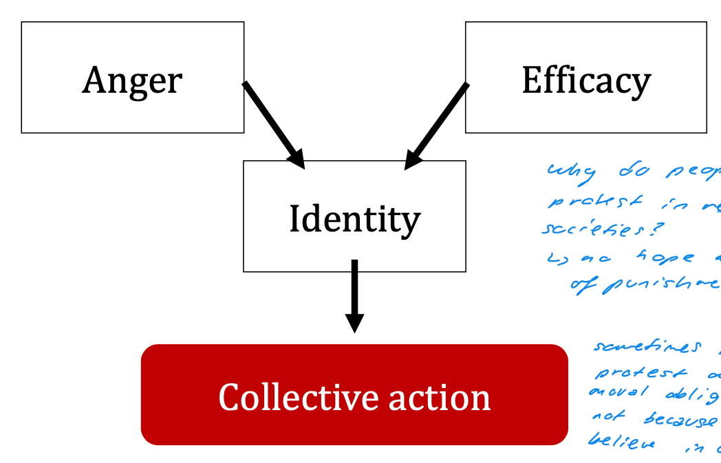 <p><strong>1. Anger → Identity → Collective Action</strong>What this means:</p><ul><li><p>People feel <strong>anger</strong> when they perceive injustice toward their group.</p></li><li><p>This emotion can <strong>strengthen social identity</strong> (“We are being treated unfairly as a group.”)</p></li><li><p>The stronger the identity, the more likely people are to take action <em>on behalf of the group</em>.</p></li></ul><p>Why anger matters:</p><ul><li><p>Anger is a <strong>mobilizing emotion</strong>.</p></li><li><p>It shifts people from passive to active.</p></li></ul><p><strong>Without anger, people may feel the injustice but do nothing.</strong></p><p><strong>2. Efficacy → Identity → Collective Action</strong>Efficacy means:</p><p><span>➡</span> <strong>Belief that collective action can actually make a difference.</strong></p><p>People are more likely to join a protest when they believe:</p><ul><li><p>“We can win.”</p></li><li><p>“Our actions matter.”</p></li><li><p>“Change is possible.”</p></li></ul><p>This belief increases <strong>group identity</strong> because people feel united by a shared purpose.</p><p>Note you wrote on the slide:</p><figure data-type="blockquoteFigure"><div><blockquote><p><em>"Why do people not protest in repressive societies? → no hope & fear of punishment."</em></p></blockquote><figcaption></figcaption></div></figure><p>Exactly!<br>In authoritarian or repressive systems:</p><ul><li><p><strong>Efficacy is low</strong> (people believe change is impossible)</p></li><li><p><strong>Fear is high</strong> (punishment risk)</p></li><li><p>Identity weakens because people cannot act collectively</p></li></ul><p>→ Therefore <strong>collective action does not occur</strong>, even if anger is high.</p><p><strong>3. Social Identity → Collective Action</strong>Identity is the core predictor.</p><p>You join collective action when you think:</p><ul><li><p>“This is <strong>my</strong> group.”</p></li><li><p>“This injustice affects <strong>us</strong>.”</p></li><li><p>“I feel connected to the movement.”</p></li></ul><p>Identity transforms individual feelings into <strong>collective motives</strong>.</p><p><strong>Why Identity Sits in the Middle</strong></p><p>Identity links emotions (anger) and cognition (efficacy) to behavior (collective action).<br>It also strengthens both:</p><ul><li><p>Feeling angry <strong>as a group</strong></p></li><li><p>Believing in <strong>our power</strong> to change something</p></li></ul><p><strong>Handwritten Note Explanation</strong></p><p>You wrote:</p><figure data-type="blockquoteFigure"><div><blockquote><p><em>“Sometimes people only protest out of moral obligations & not because they believe in change.”</em></p></blockquote><figcaption></figcaption></div></figure><p>This corresponds to a <strong>fourth pathway</strong> often discussed in research:</p><p><strong>Moral conviction</strong></p><p>People join action because:</p><ul><li><p>They feel morally compelled</p></li><li><p>They want to do what is right</p></li><li><p>Even if they expect no success (low efficacy)</p></li></ul><p>This is seen in:</p><ul><li><p>Human rights activism</p></li><li><p>Climate marches</p></li><li><p>Protest in authoritarian regimes</p></li></ul><p><strong>Moral duty can motivate action even when hope is low</strong></p>