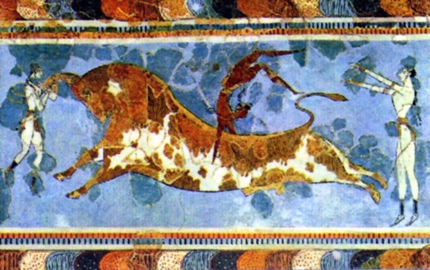 <p>A ritual/sport of bull jumping, symbolizing strength and a rite of passage in Minoan society.<br><br>S: Shows again that Minoans symbolized strength, but the rite of passage was not one that involved violence against others. This rite of passage showing strength rather than brute violence/bravery shows a difference in emphasizations, values that align with peace &amp; personal skills.</p>