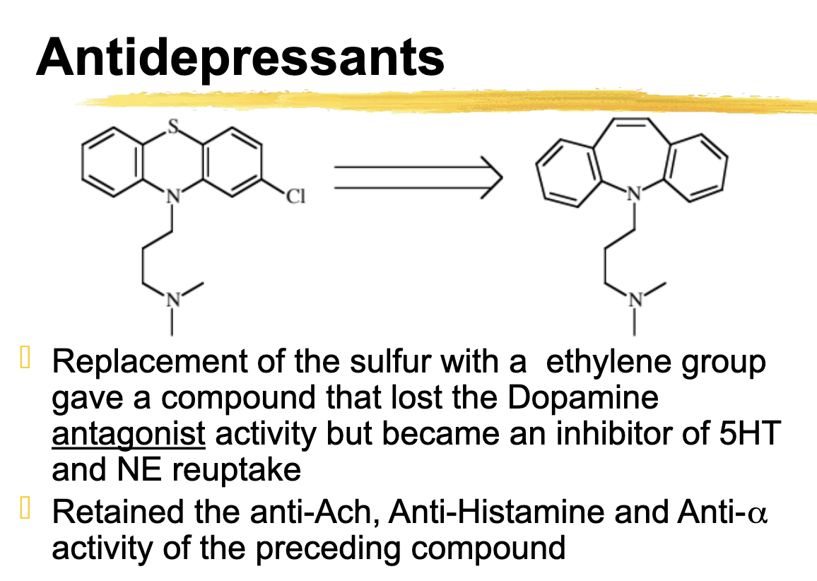 <p>Replacement of the sulfur with a ethylene group gave a compound that lost the Dopamine</p><p>antagonist activity but became an inhibitor of 5HT and NE reuptake</p>