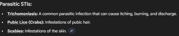 <ol><li><p>pubic lice </p></li><li><p>scabies</p></li><li><p>trichomoniasis </p></li></ol><p></p>