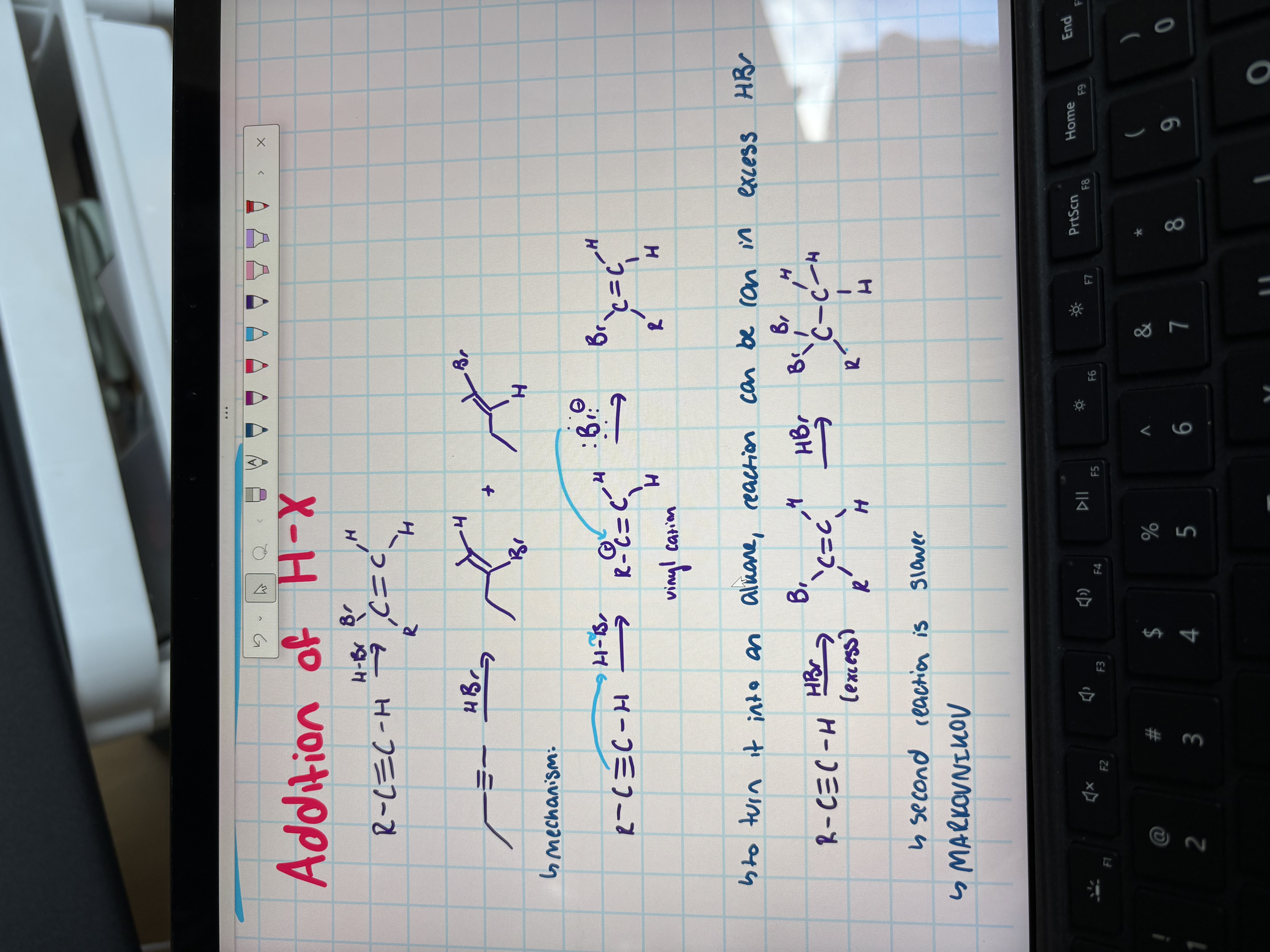 <ul><li><p>turns into alkene </p></li><li><p>markovnikov</p></li><li><p>in excess, turns into alkane (but that second part of the rxn is slower)</p></li></ul><p></p>