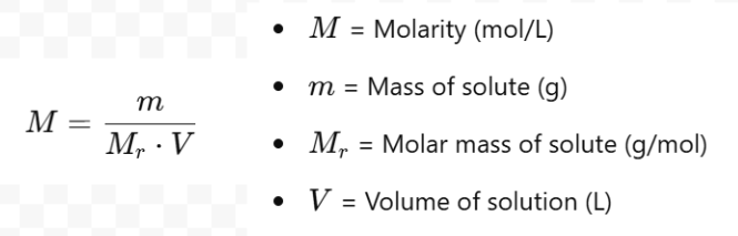 <ul><li><p>It is the number of moles of solute pre litre of solution (mol/L or M)</p></li></ul><p></p>