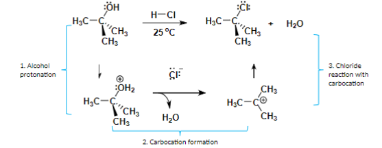<ol><li><p>Alcohol protonation (OH bonds with H)</p></li><li><p>Carbocation formation (H2O leaves)</p></li><li><p>Anion reaction with carbocation</p></li></ol>