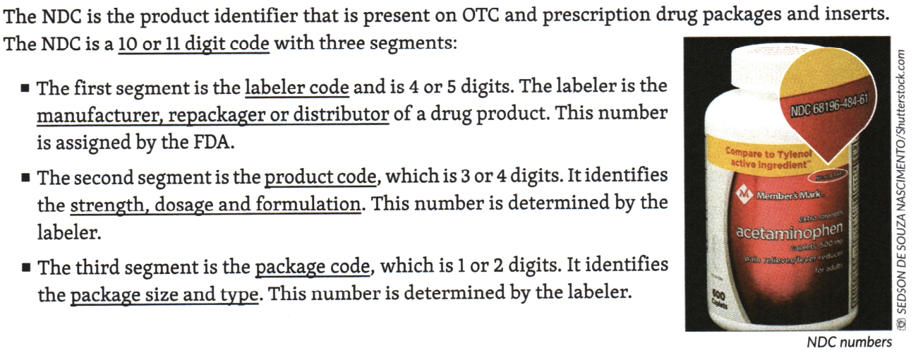 <p>The <strong>3rd segment</strong> of a NDC is the <strong>PACKAGE code</strong></p><p>It identifies the <strong>package size</strong> and <strong>type</strong>.</p><p>This number is determined by the <strong>labeler (manufacturer, repackager, and distributor)</strong>.</p><hr><p>Drugs were required to have an individual NDC number according to the <u>Drug Listing Act of 1972</u>.</p>