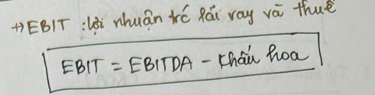 <ul><li><p>EBIT: lợi nhuận trước lãi vay và thuế</p></li></ul><p></p>