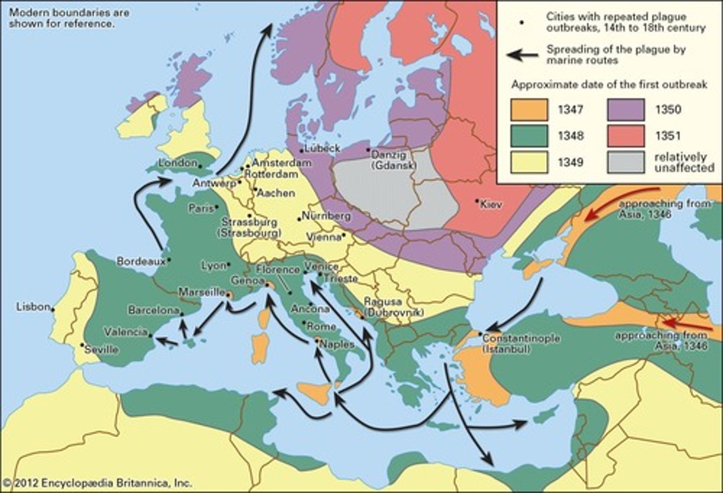 <p>Rise of maritime trade routes, Mongol Empire fragmentation, and the Black Death</p>