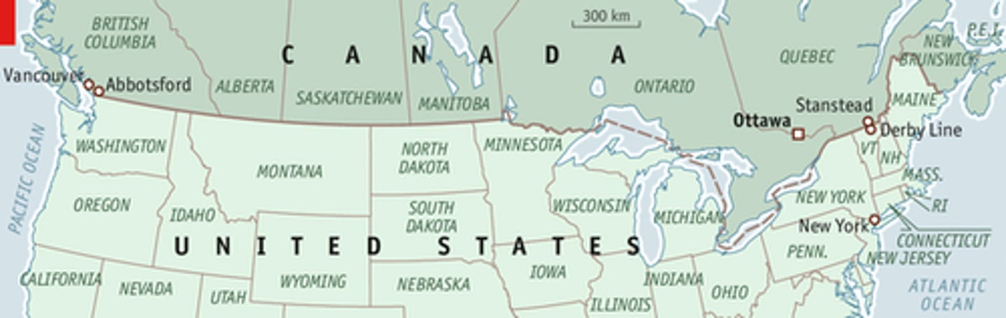 <p>countries are separated by a line of latitude for a portion which is a geometric boundary</p>
