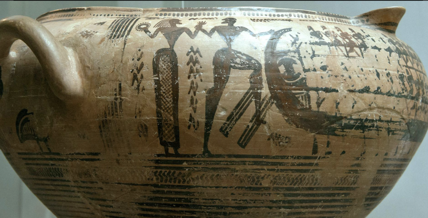 <ul><li><p>Geometric period</p></li><li><p>Thebes, Greece</p></li><li><p>Vessel for mixing wine</p></li><li><p>stylized abdudction scene&nbsp;</p></li></ul><p></p>