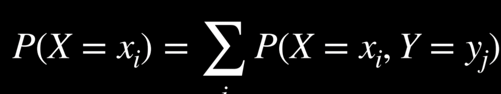 <ul><li><p>Left side: <span>“The probability of random variable X having the value xᵢ.”</span></p></li><li><p><span>Right Side = idea of marginalization</span></p></li></ul><p></p>