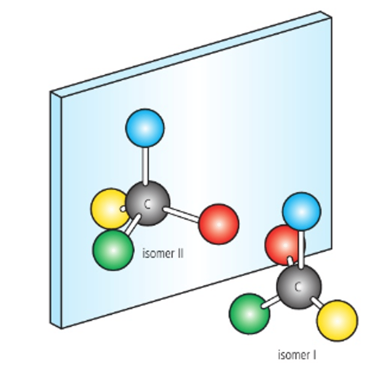 <ul><li><p>identical physical properties except they rotate the plane of plane-polarised light in opposite directions</p></li><li><p>chemical properties are same except when they react with with other chiral molecules</p></li><li><p>mirror images</p></li></ul><p></p>