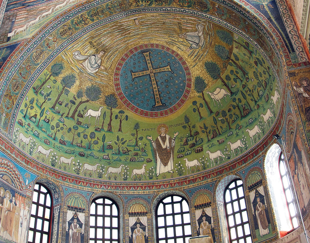 S. Apollinaire was a martyr so his followers would be too, like martyrdom of Jesus, Medallion w/ cross and Hand of God above it in golden skyscape