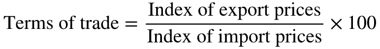<p>Terms of Trade = Index of Export Prices / Index of Import Prices X 100</p>