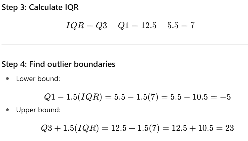 <p>an observation that falls 1.5 x IQR = outside boundary</p><ul><li><p>above Q3: Q3 + 1.5(IQR)</p></li><li><p>below Q1: Q1 - 1.5(IQR)</p></li></ul><p>if on boundary its included</p>