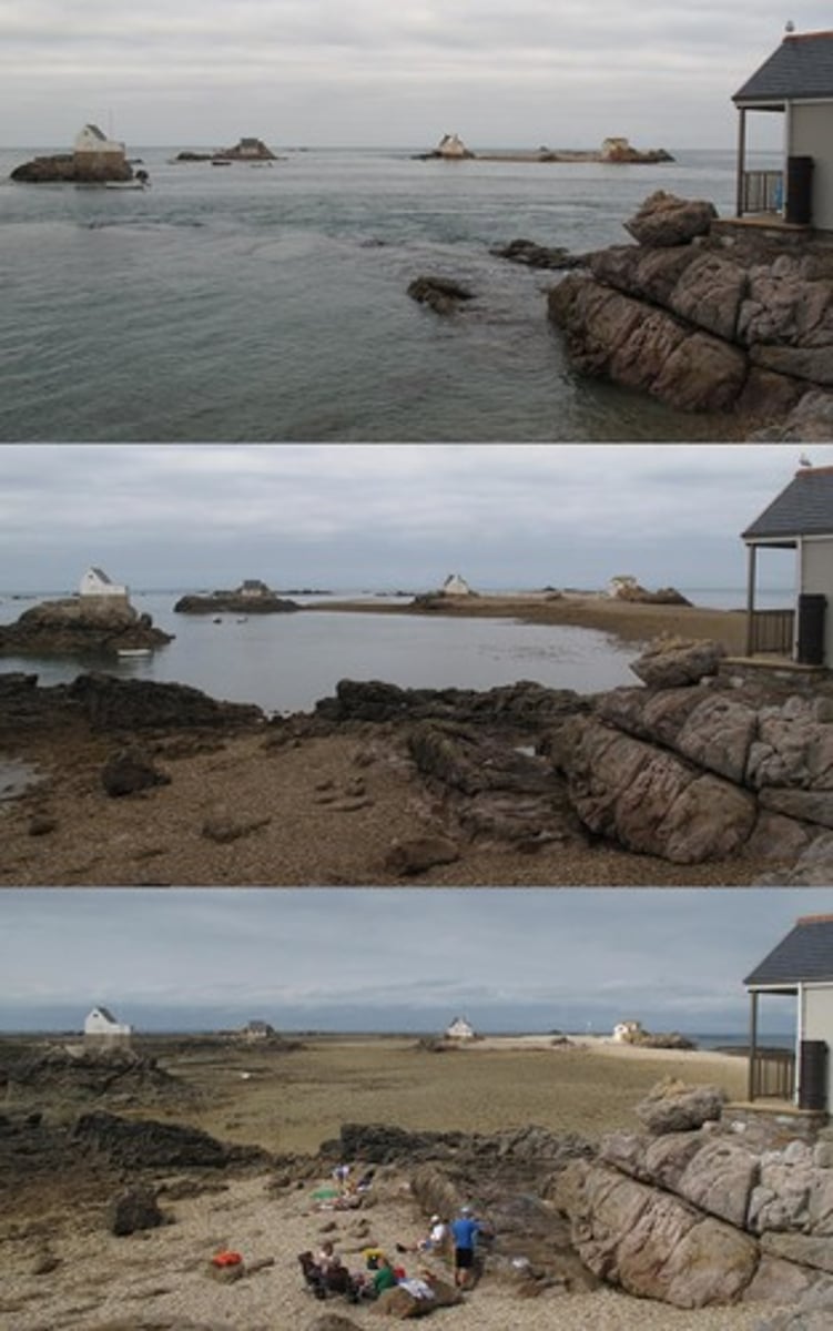 <p>The difference in levels of ocean water at high tide and low tide.</p>