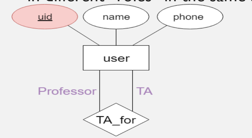 <p>An entity set can participate in different relationship sets - or in different “roles” in the same set. Role indicators are used to identify the specific entities. </p><p>E.g: professor_uid, TA_uid</p>