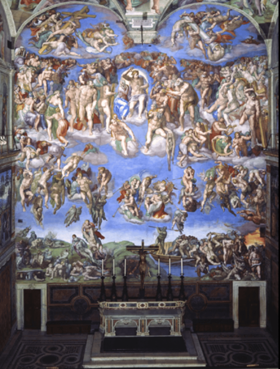 <p>Artist: Michelangelo</p><p>Title: The Last Judgment</p><p>Date: 1534-1541</p><p>Medium: fresco</p><p>Location: <span><span>Rome, Vatican City, Sistine Chapel</span></span></p>