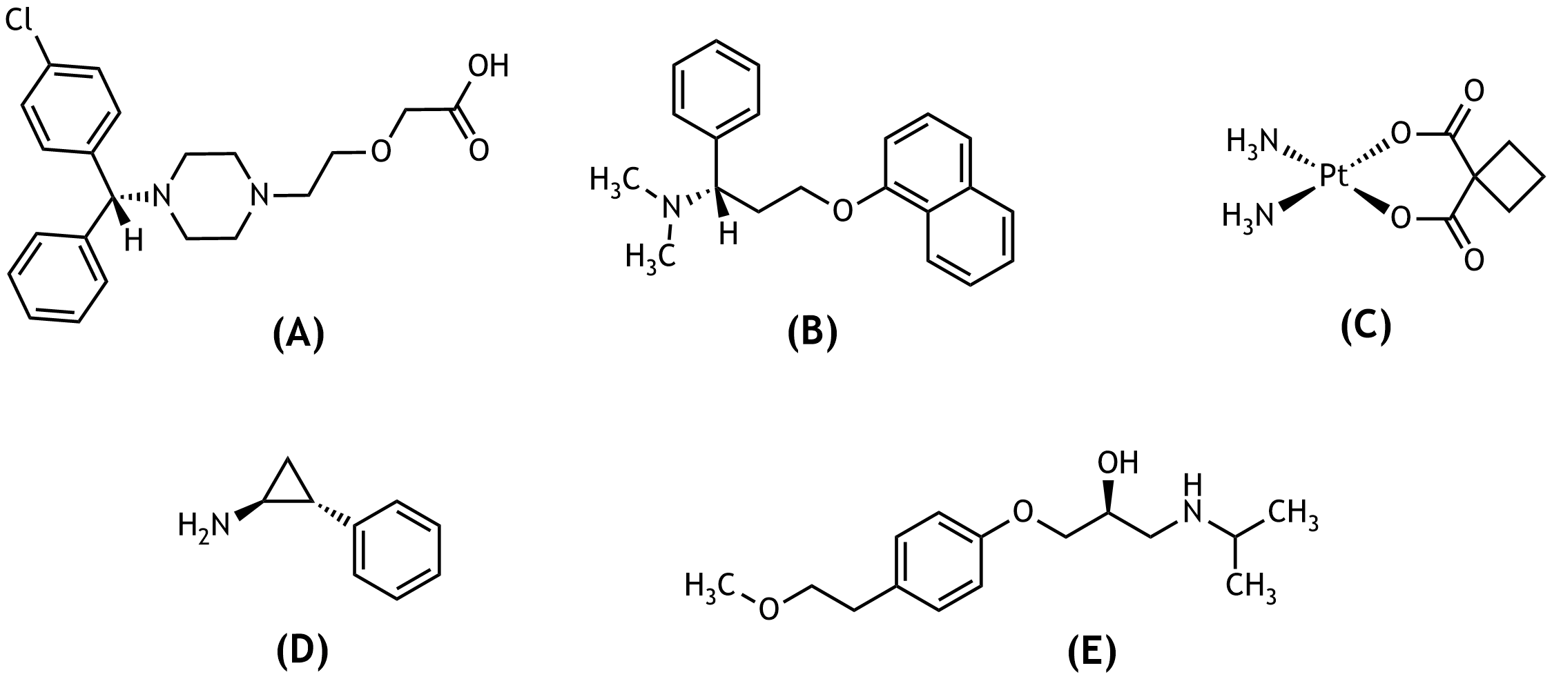 <p>11. Amino groups are important functional groups in active pharmaceutical ingredients and can, among other effects, increase water solubility.</p><p>Which of the depicted active substances contains a secondary amino group?</p><p>A. (A)</p><p>B. (B)</p><p>C. (C)</p><p>D. (D)</p><p>E. (E)</p>