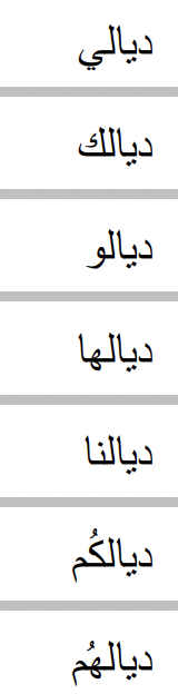 <p>dyali, dyalk, dyalu, dyalha, dyalna, dyalkum, dyalhum</p>