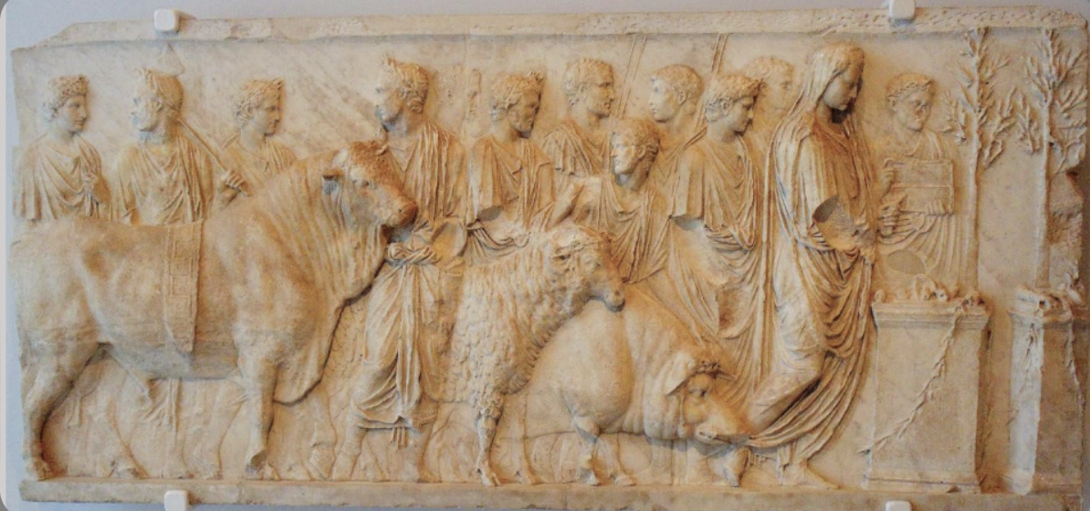 made of marble, thanking the Gods for the population and security for the population. we think Tiberius chose it because it was one of the only times him and Augustus were presented in equal stats.