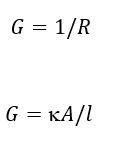 <p>G = conductance</p><p>R = resistance (<span>Ω)</span></p><p><em>k</em><span style="font-family: &quot;Times New Roman&quot;, serif"> = conductivity (Ω<sup>−1</sup> m<sup>−1</sup>)</span></p><p><span style="font-family: &quot;Times New Roman&quot;, serif"><em>A = </em>area (m<sup>2</sup>)</span></p><p><span style="font-family: &quot;Times New Roman&quot;, serif"><em>l = </em>length (m)</span></p>