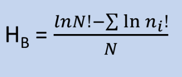<p>Where n¡ : number of individuals in each species and N is the total number of individuals of all species in the community</p><p>N! is a factorial</p><p>rare species with single individuals contribute nothing to the overall value of the index (ln1 = 0)</p>
