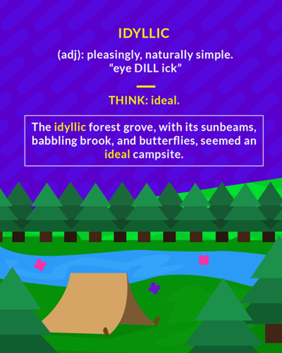 <p>charming in a rustic way; naturally peaceful</p><p>(adj.) pleasing, naturally simple</p>