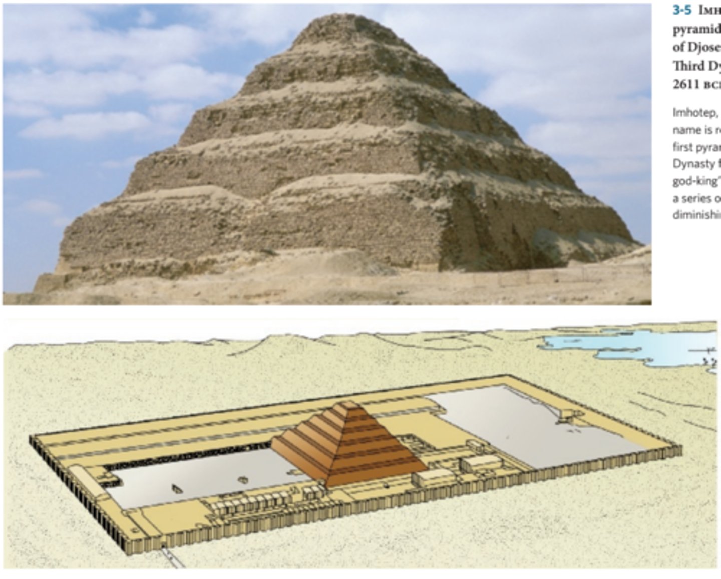 <p>Complex:</p><p>-engaged column</p><p>-papyrus column</p><p>-Shares basic shape with mastaba tombs</p><p>-Oriented on the north-south axis</p><p>-Ka statues</p><p>Step pyramid:</p><p>-first monument made of entirely stone. Marks transition from mudbrick to stone for important buildings.</p><p>-Djoser was buried here</p>