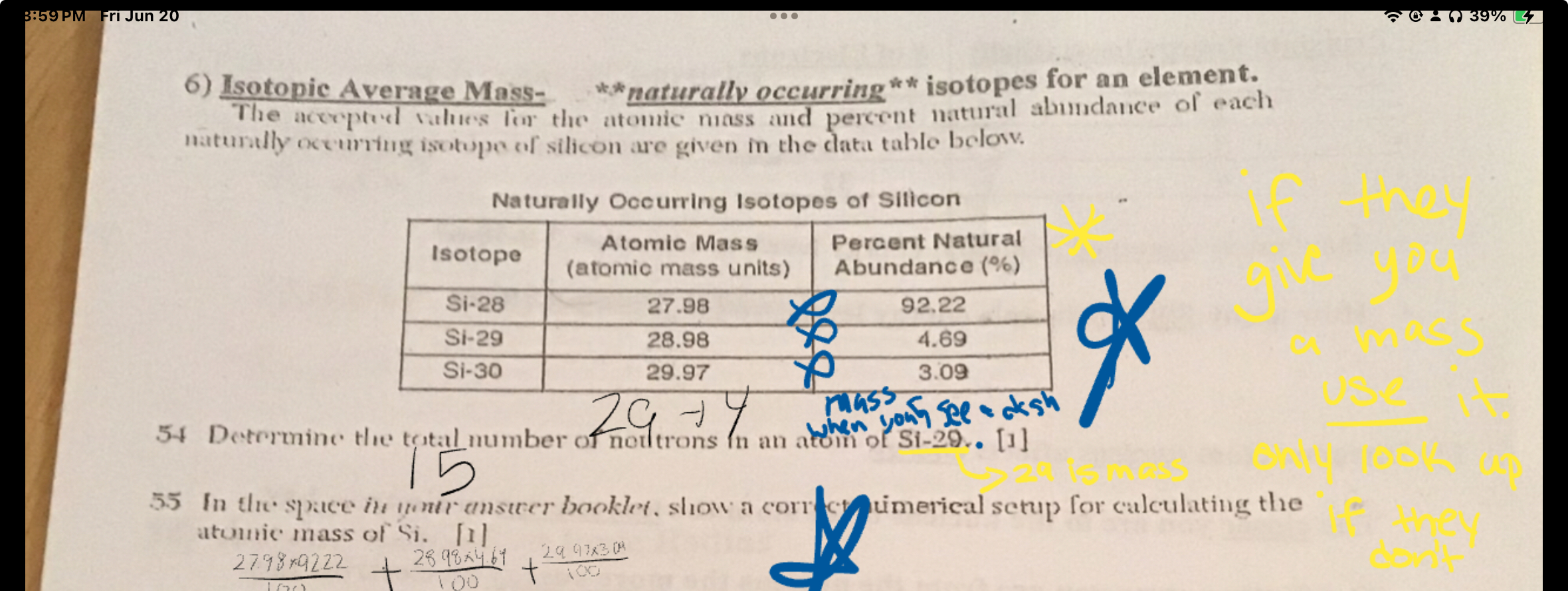 <p>The acceptod values for the atomic mass and percent natural abundance of each naturally occurring isotope of silicon are given in the data table below.</p>