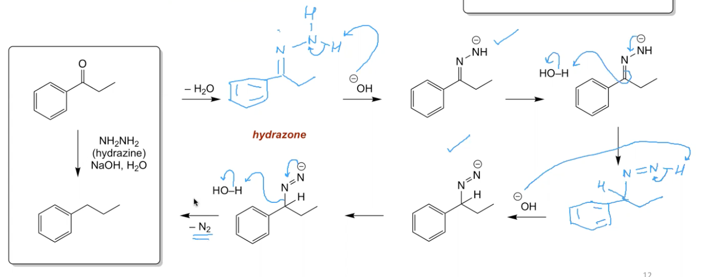 <p>NH2NH2 (Hydrazine) </p><p>NaOH, H2O </p>