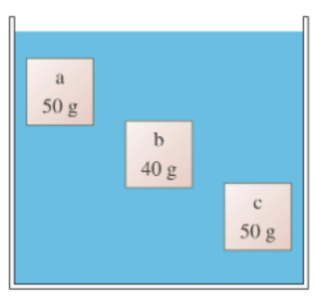<p>(1/19), Lecture 4 (Week 2), CH13</p><p>Blocks a, b, and c are all the same size. Which experiences the largest buoyant force?<br>A. Block a<br>B. Block b<br>C. Block c<br>D. All have the same buoyant force.<br>E. Blocks a and c have the same buoyant force, but the buoyant force on block b is different.</p>