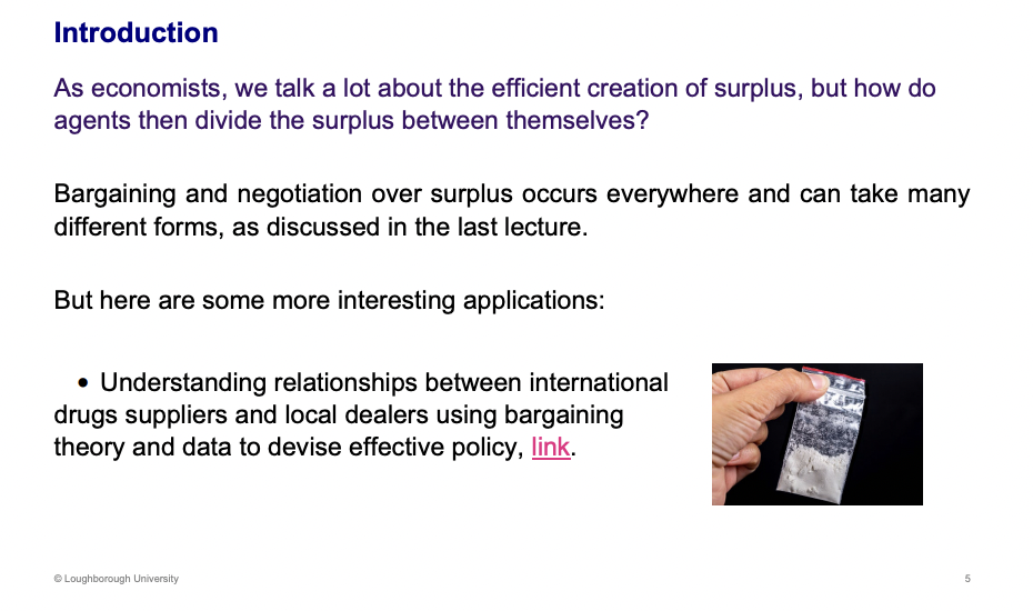 <p>Bargaining, how the surplus is divided between agents.</p>