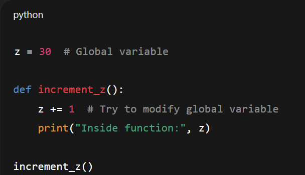 <p>function tries to increment/modify a variable that’s only defined outside →</p>