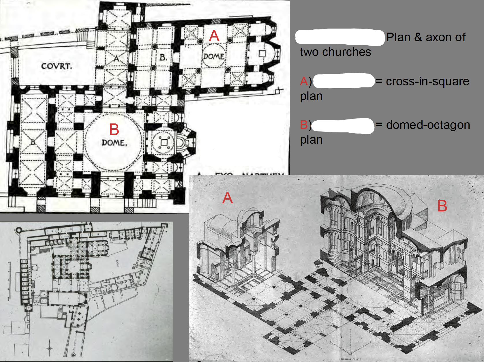 <p>Built as thanks to God for victory in battles, A. Domed Cross-in-Square (old church), B. Domed Octagon Plan (new church)</p>