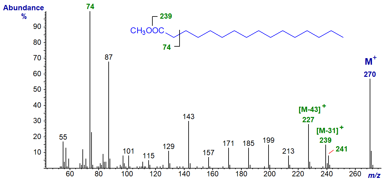 <p>of organic compounds can cause the fragmentation of molecules to show molar mass</p><p>uses no electromagnetic radiation</p><p>on x-axis, it is mass/charge ratio essentially just mass</p><p>the last peak comes from the parent ion, or molecular ion, the ones before are the fragments of the molecule.</p><p>due to the isotopes of carbon atoms (carbon 13), there may be another small peak after</p><p>by breaking the molecule down by each functional group we can predict some of the peaks with their distinct molar mass — all written as ions </p>